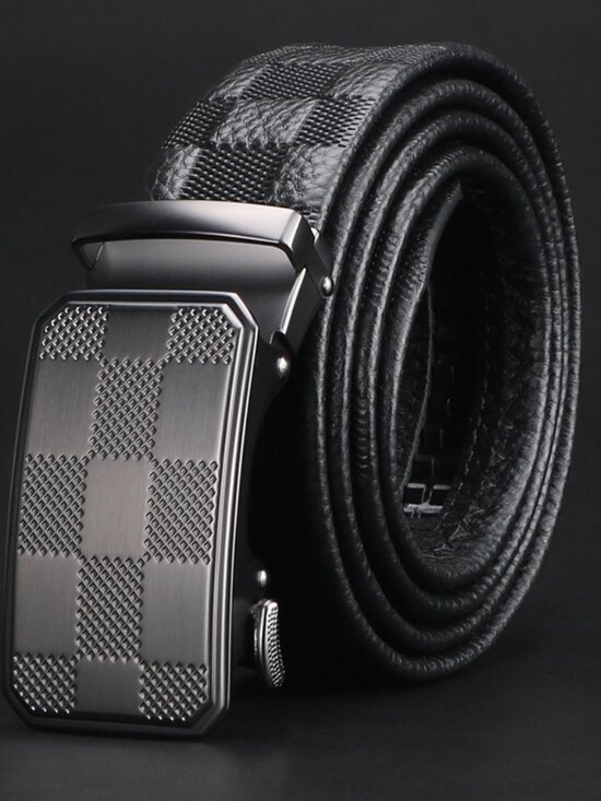 Davis L Other - Men's Black Leather Automatic Ratchet Belt - Checkerboard Pattern - 115cm
